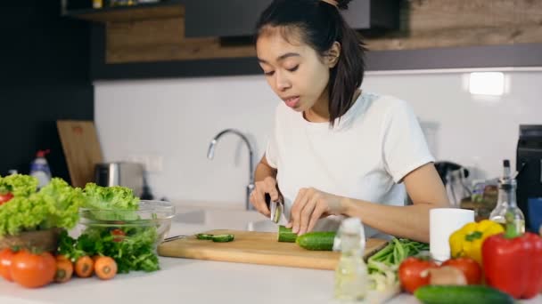 Woman cutting cucumber and preparing salad dish at the kitchen. - Кадри, відео