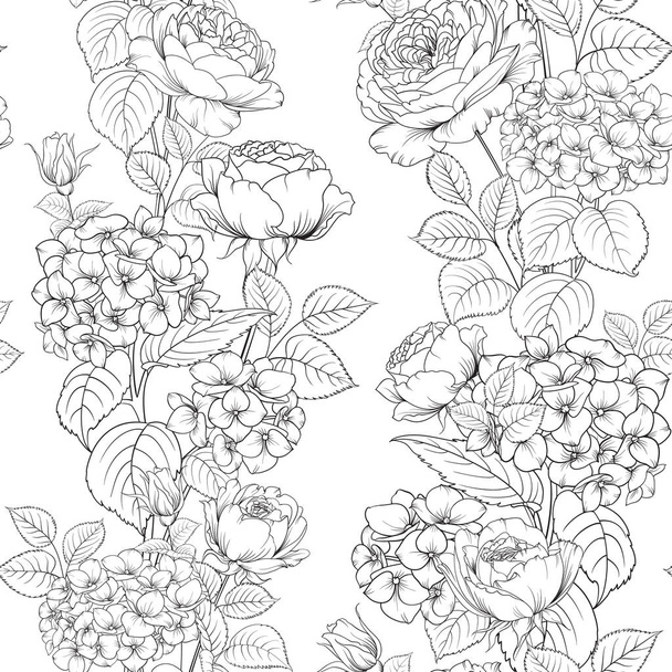 Seamless pattern of rose flower for fabric design. Luxurious line art of spring flowers. - Vector, Image