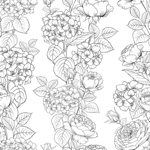 Seamless pattern of rose flower for fabric design. Luxurious line art of spring flowers. - Vector, Image