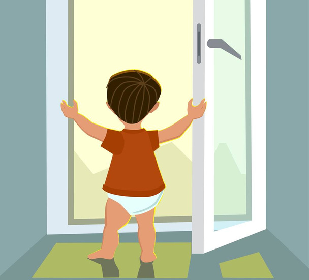 The boy stands in an open window. The concept of a child in danger.Vector illustration in cartoon style. - Vector, Image