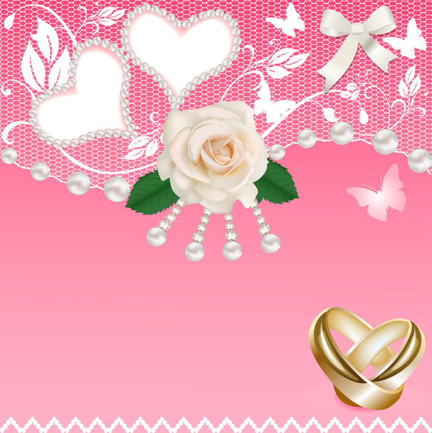 background with heart rose wedding rings and pearls - Vetor, Imagem
