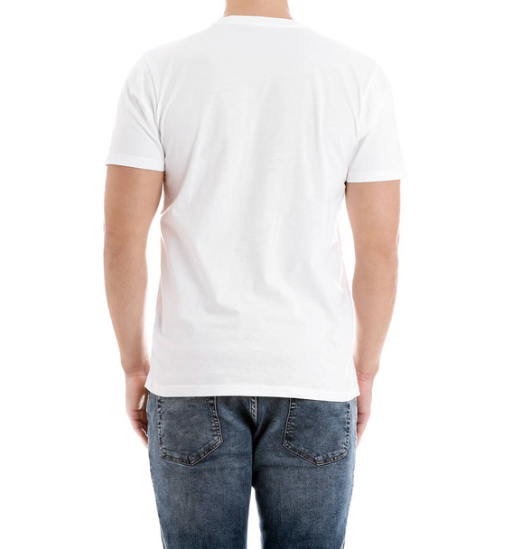 Young man on white background, closeup. Weight loss - Φωτογραφία, εικόνα