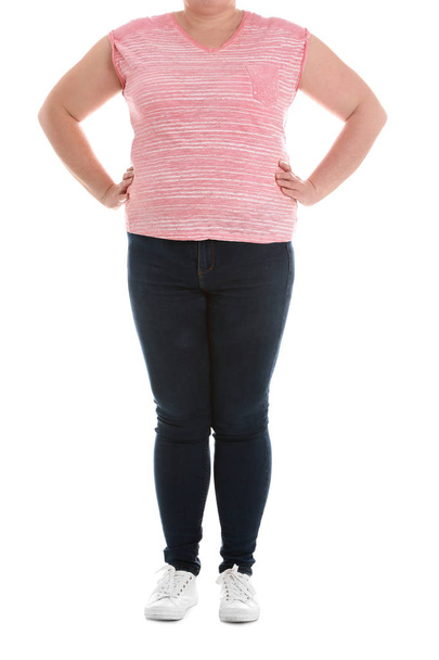 Overweight woman on white background, closeup. Weight loss - Φωτογραφία, εικόνα