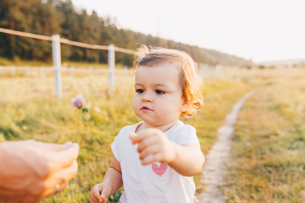 Little baby-girl walking in summer countryside at sunset - Photo, Image