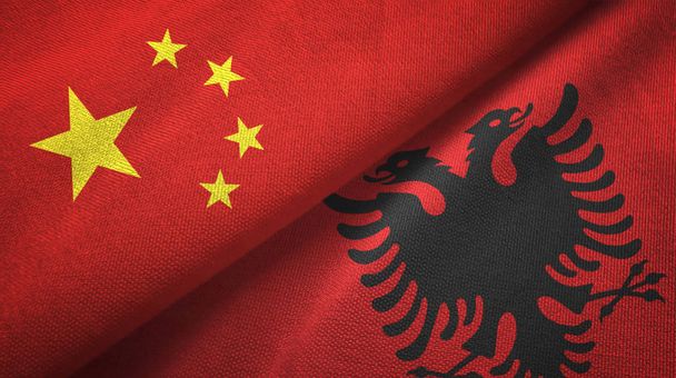 China and Albania flags together relations textile cloth, fabric texture - Photo, Image