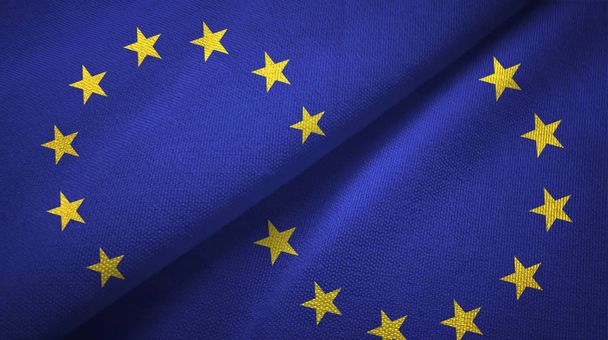 Europese Unie vlaggen samen betrekkingen textiel doek, stof textuur - Foto, afbeelding