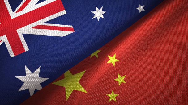 Australia and China flags together relations textile cloth, fabric texture - Photo, Image