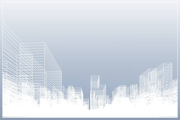 Antecedentes abstractos de la ciudad. Perspectiva 3D renderizado de la construcción de wireframe. Ilustración vectorial. - Vector, Imagen