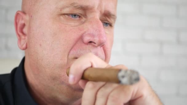 Confident Businessman Smoking a Black Cigar Text Using Cellphone in Office - Materiaali, video