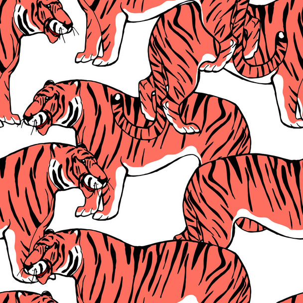 Asian wild animals amur tiger. Trendy animalistic endless pattern. Exotic animals.   Cute background for textile, wallpaper, pattern fills, covers, surface, print. - Вектор,изображение