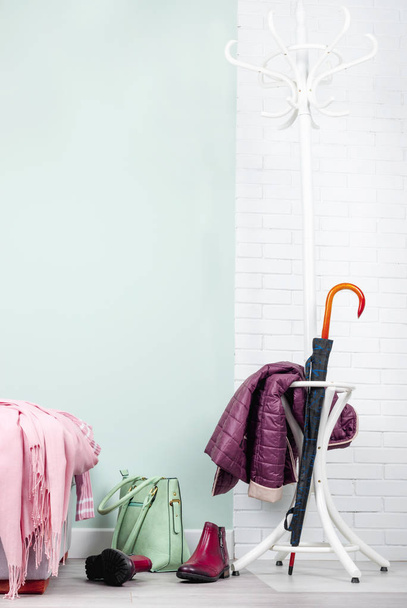 Stylish hallway interior with with clothes and shoes in pink color - 写真・画像
