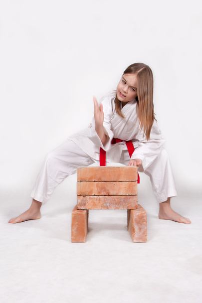 Karate girl breaks bricks 1 - Zdjęcie, obraz