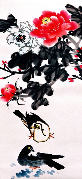 ピオニーとマンダリンアヒルの中国絵画 - 写真・画像