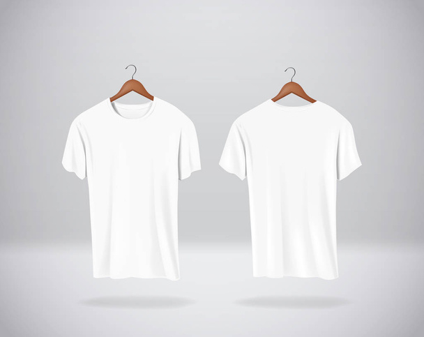 T-shirt bianche Vestiti falsi appesi isolati a parete, vista laterale anteriore e posteriore vuota
. - Vettoriali, immagini