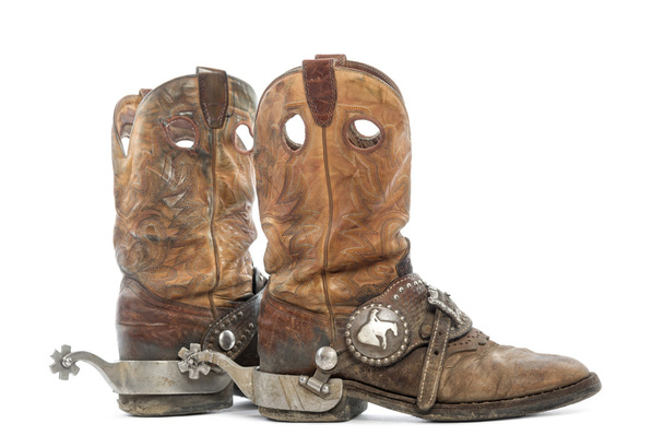 Vista lateral de um par de botas Cowboy com esporas, isolado no whit
 - Foto, Imagem