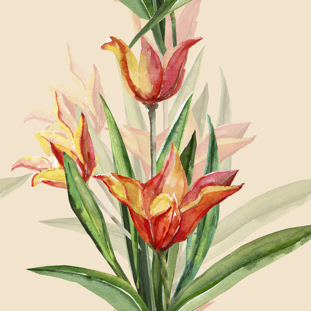Wzór z żółto czerwone tulipany. - Zdjęcie, obraz