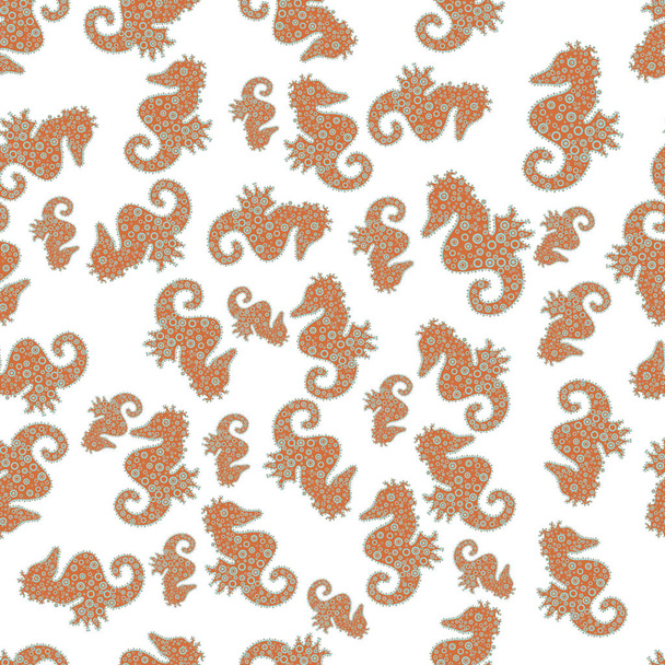 perfekt für Oberflächentexturen, Skizzen, Webseiten-Hintergründe, Textilien. Tigerschwanz-Seepferdchen-Ausschnitt. Vektor. Seepferdchen auf orangenem, neutralem und weißem Hintergrund. nahtloses Muster. Kritzeln, Skizzieren, Kritzeln. - Vektor, Bild