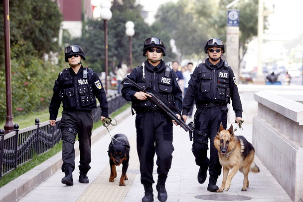 Chinese special policemen and their police dogs patrol a street in Beijing, China, 23 September 2009 - Foto, Imagen