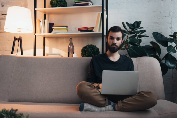 handsome bearded man sitting on couch, looking at camera and using laptop in living room - Fotoğraf, Görsel