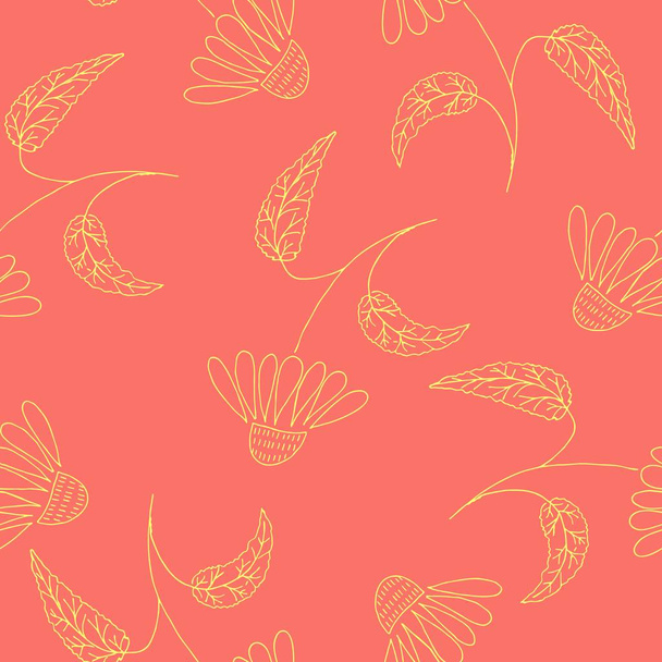 Hand drawn flower, gold line art on living coral backdround. Vector seamless surface pattern.  - Vector, Image
