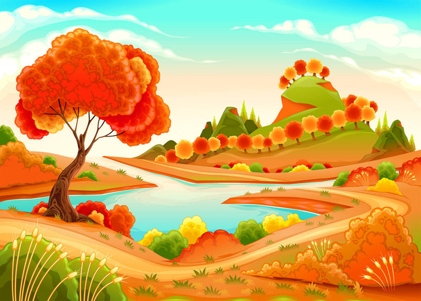 Krajina s rybníkem, stromy a kopce. Vektorové ilustrace - Vektor, obrázek