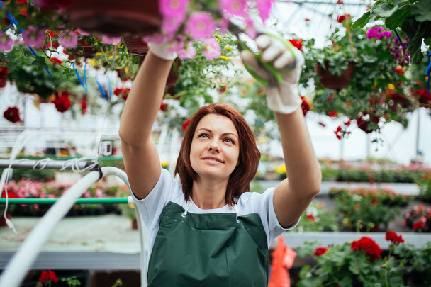 rothaarige junge Frau, die im Gewächshaus arbeitet und sich an schönen Blumen erfreut. Arbeiterinnen arbeiten im Gartencenter. - Foto, Bild