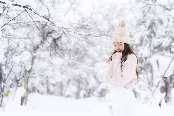 Portre genç güzel Asyalı kadın mutlu seyahat gülümseme ve kar kış sezonu Hokkaido Sapporo Japonya'da zevk. - Fotoğraf, Görsel