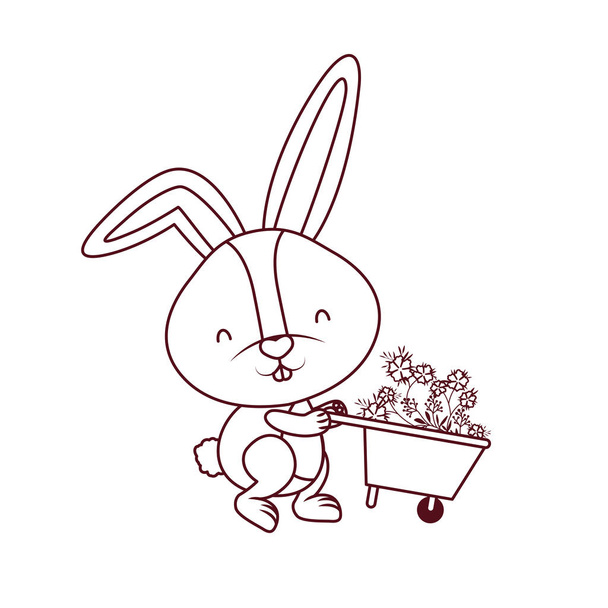 bunny with wheelbarrow and flowers isolated icon - Vector, Image