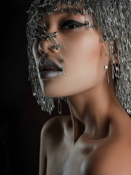 portrait of model with pin wig and silver lips - Zdjęcie, obraz