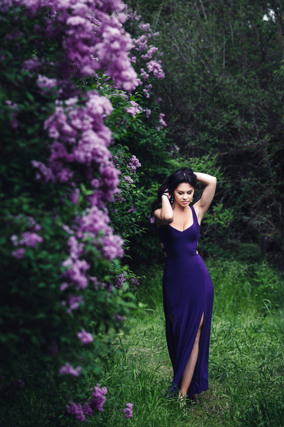 attractive woman in purple dress posing near lilac flowering bushes - Fotoğraf, Görsel