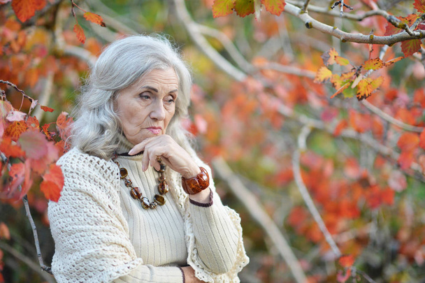 sad senior woman in autumn park - Photo, Image