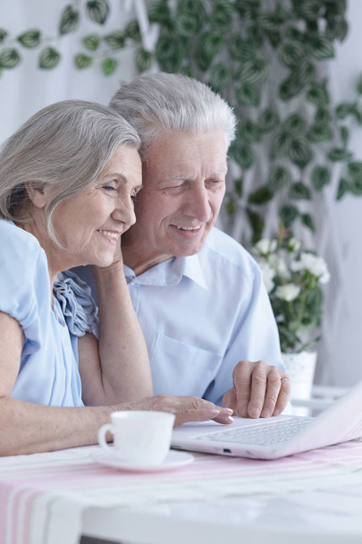 happy Senior couple portrait drinking tea  and using laptop - Photo, Image