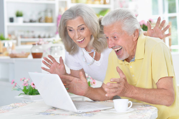  senior paar met laptop thuis - Foto, afbeelding