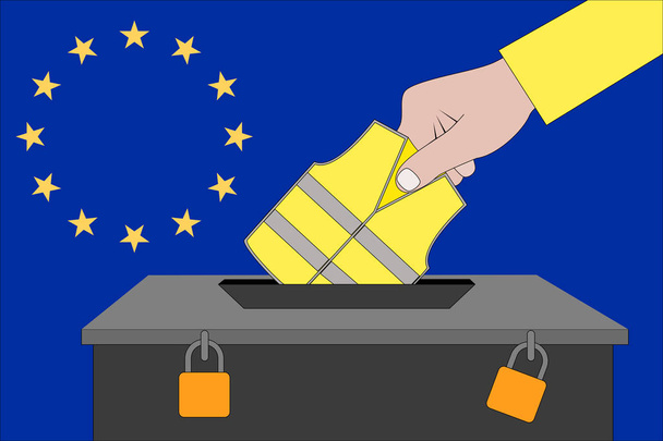 Euroopan parlamentin vaalien äänestyslaatikko keltaisine liiveineen
 - Vektori, kuva