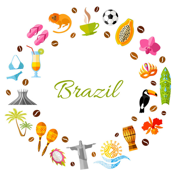 Una corona de elementos tradicionales brasileños. Marco redondo vectorial con lugar para el texto sobre el tema de viajar a Brasil
. - Vector, imagen