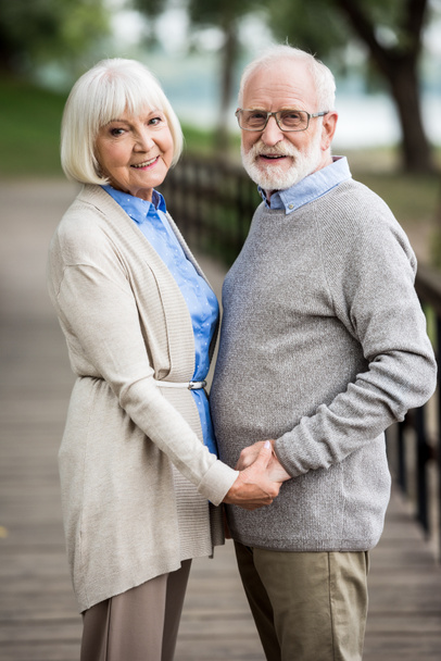szczęśliwa para starszy na drewniany most, trzymając się za ręce i patrząc na kamery - Zdjęcie, obraz