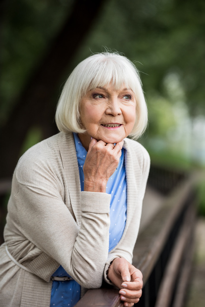 selective focus of senior woman leaning on wooden bridge railing and looking away - Foto, Imagem