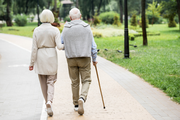 Rückansicht eines älteren Ehepaares beim Spazierengehen im Park - Foto, Bild