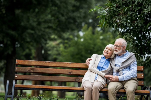 happy senior couple hugging and holding hands while resting on wooden bench in park - Foto, Imagen