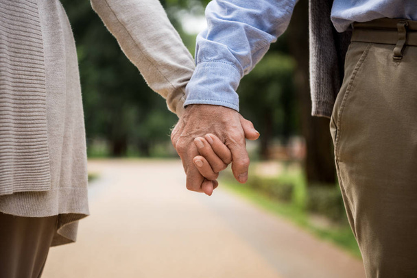 vista recortada de la pareja de ancianos cogidos de la mano mientras caminan en el parque
 - Foto, imagen