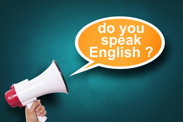 Hand holding megaphone agains blackboard with Do You Speak English Words - Photo, Image