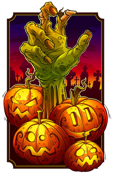 Cartoon zombie hand en halloween pompoenen - Vector, afbeelding