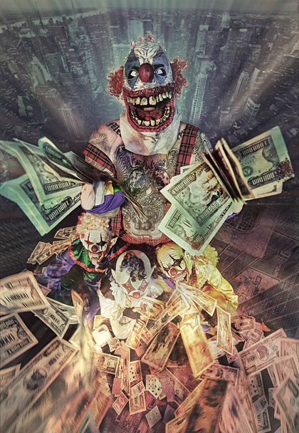 scary clowns posing together with cash against dark background - Foto, Bild