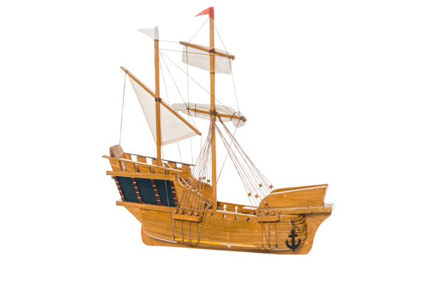 wooden ship model floating in air isolated on white  - Фото, зображення