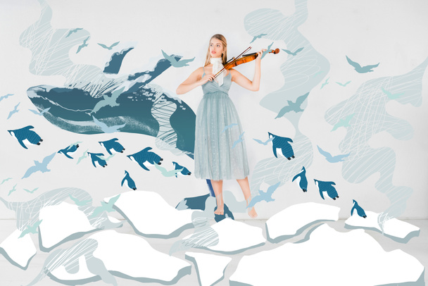 fille flottante en robe bleue jouer du violon avec des baleines et des oiseaux illustration
 - Photo, image