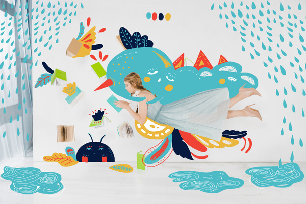 floating girl in blue dress reading book with rain illustration - 写真・画像
