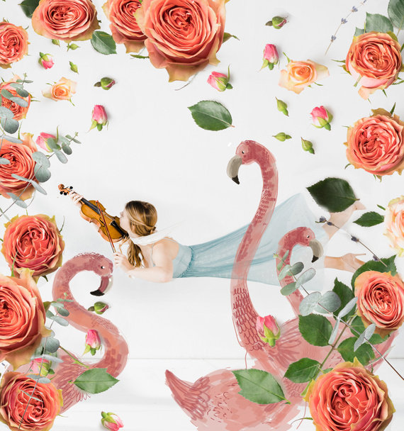 floating girl playing violin with birds and flowers illustration  - Photo, Image