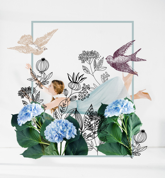 floating girl in blue dress with flowers and birds illustration  - Fotoğraf, Görsel