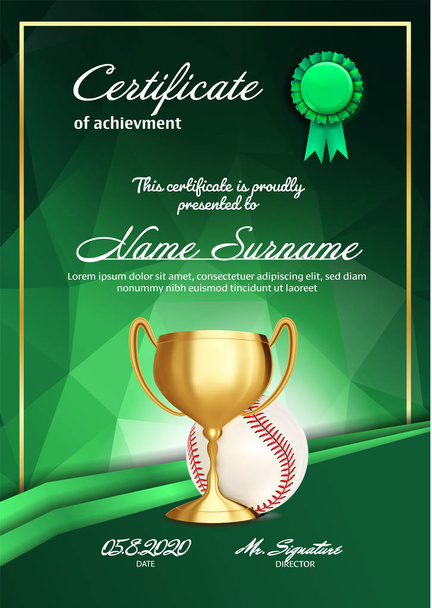 Diploma de Certificado de Béisbol con Vector Copa de Oro. Plantilla Sport Award. Diseño de Logros. Fondo de honor. A4 Vertical. Ilustración
 - Vector, imagen