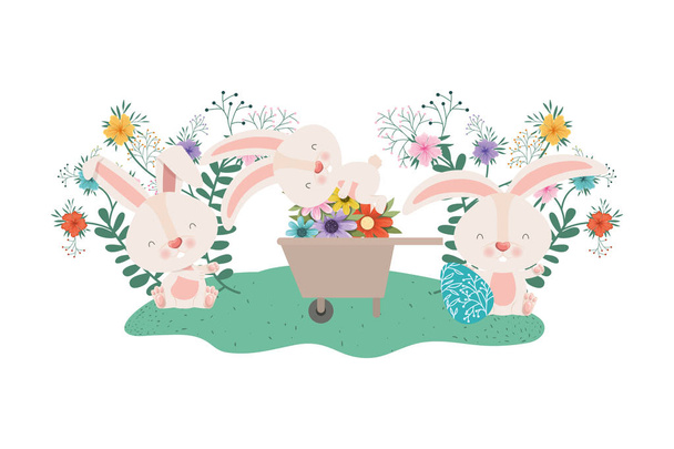 rabbits with wheelbarrow and easter egg icon - Vector, Image